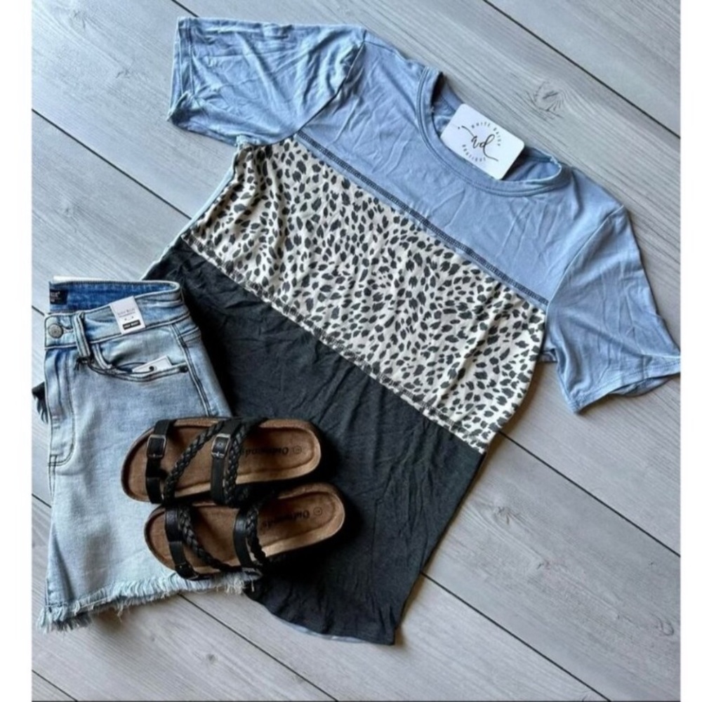 ➕BOUTIQUE Heimish Blue Grey Leopard Print Colorblock Top